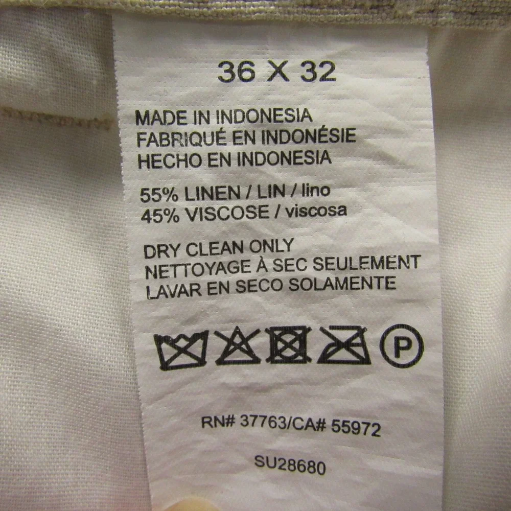 Savane Pants Men 36x32 (29.5) Linen Viscose Blend Straight Fit Flat Pants Summer
